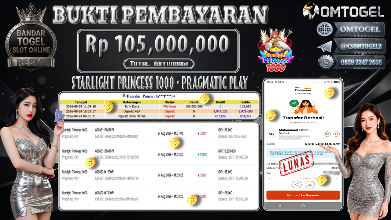 OMTOGEL JACKPOT PRAGMATIC PLAY STARLIGHT PRINCESS 1000 Rp,105,000,000,- DIBAYAR LUNAS