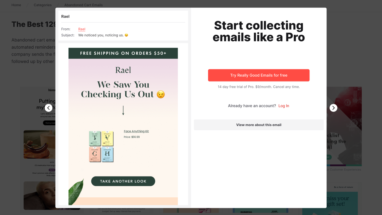 Abandoned cart email example by Rael.
