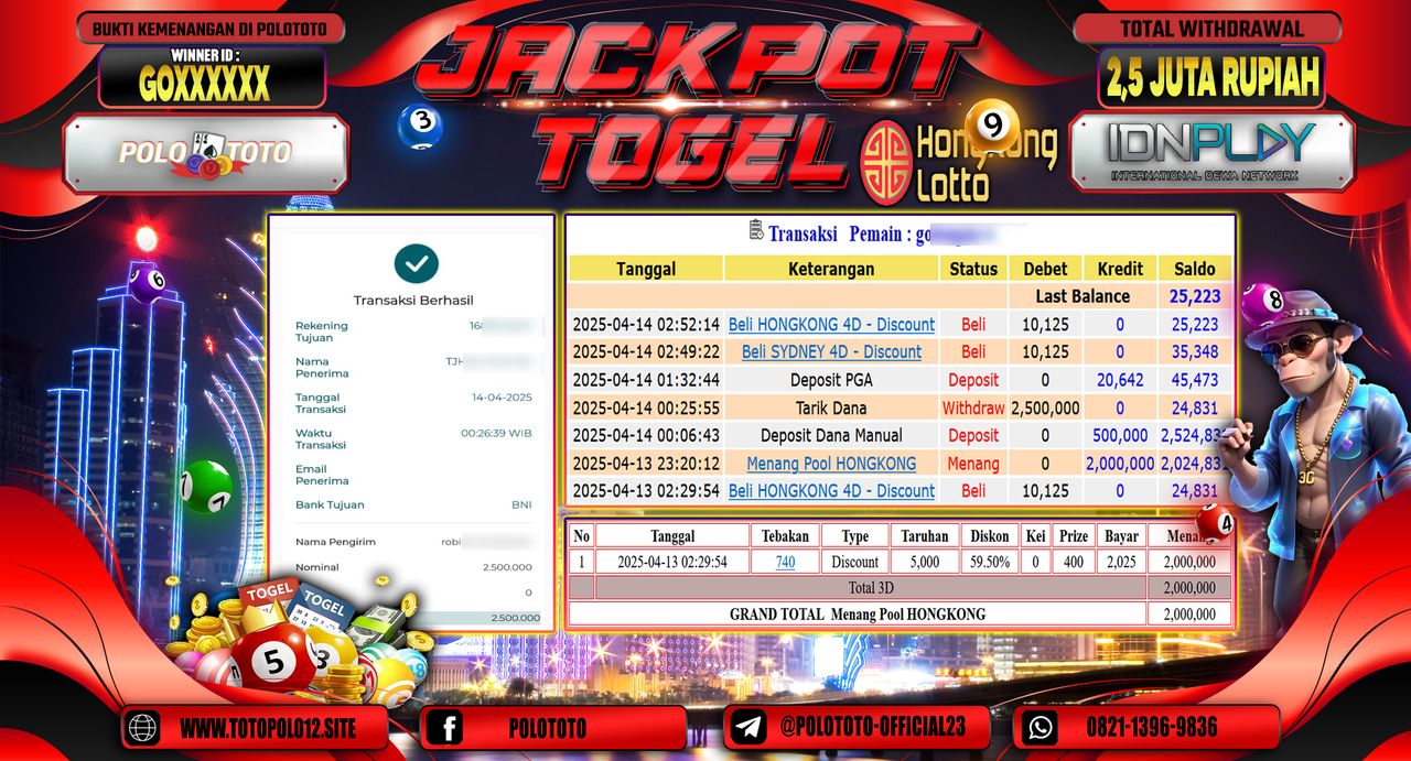 POLOTOTO JACKPOT TOGEL PASARAN HONGKONG LOTTO Rp.2.500.000,- LUNAS