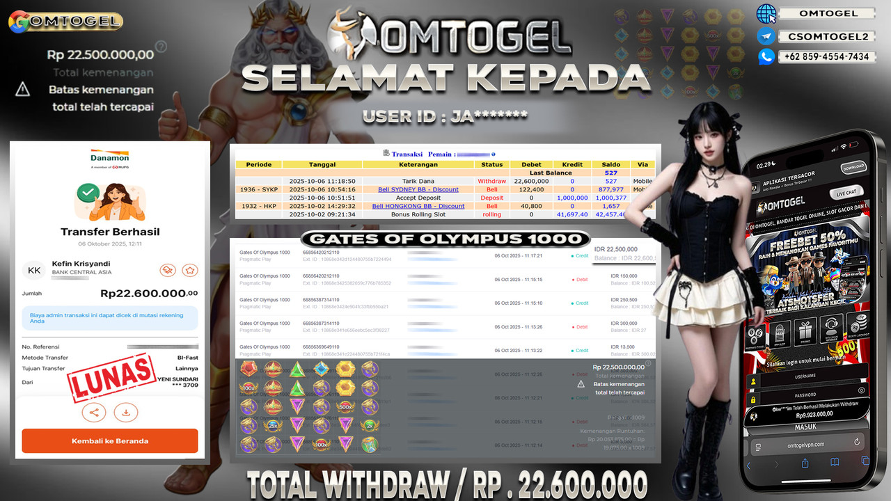 OMTOGEL JACKPOT PRAGMATIC PLAY GATES OF OLYMPUS 1000 22 JUTA DI BAYAR LUNAS ,-