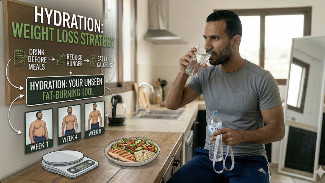Infographic showing daily water intake recommendations and benefits for fat loss, illustrating water intake fat loss