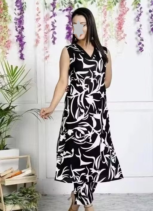 rayon printed sleeveless kurti pant set Color 1 (KS118)