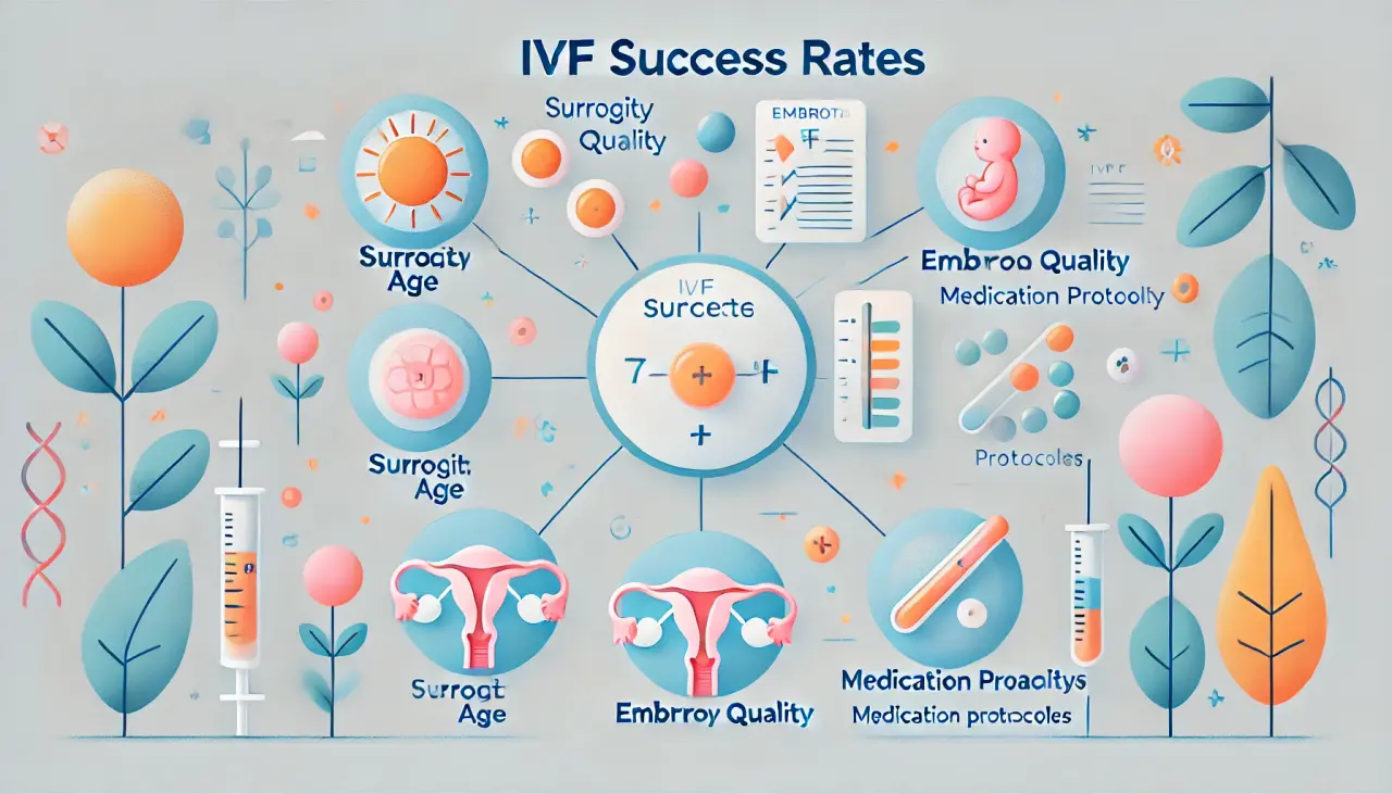 Diagram illustrating key factors in IVF success rates, such as surrogate age and embryo quality.