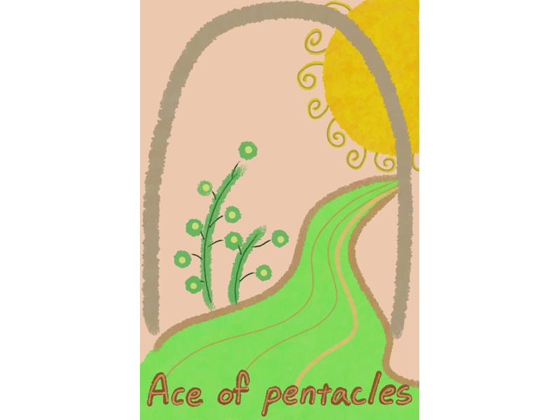 Ace of Pentacles card-style thumbnail (white side margins, sunlit arch, green path, golden pentacle)