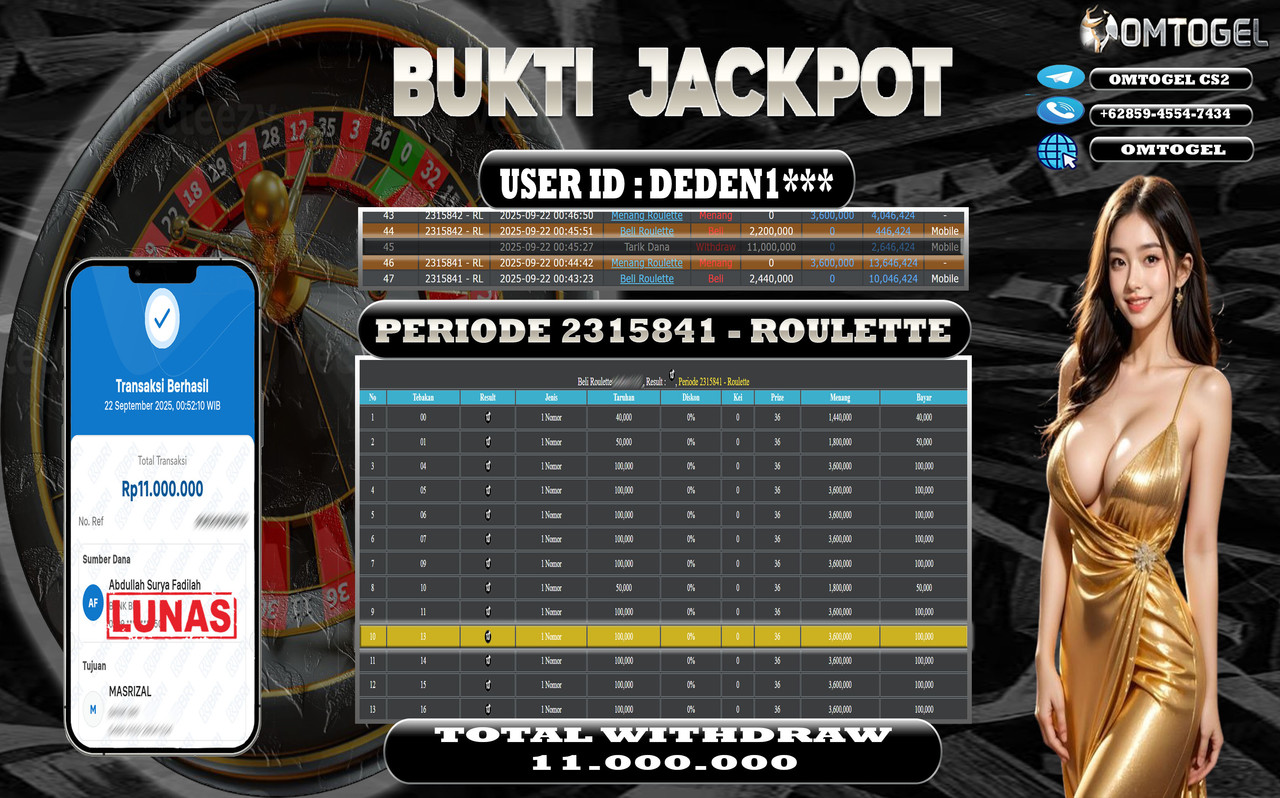 OMTOGEL JACKPOT LIVE GAMES ROULETTE 11 JUTA DI BAYAR LUNAS ,-