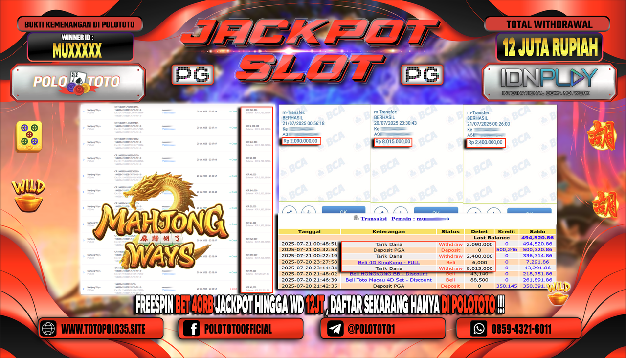 POLOTOTO JACKPOT SLOT MAHJONG WAYS Rp.12.000.000,- LUNAS