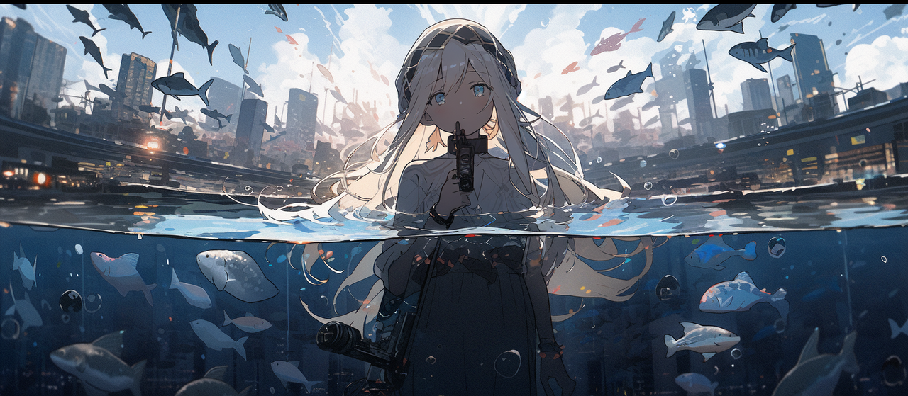 __Transparent_sea_and_city_girl_reflected_in_prism_fisheye_lens_69a09033-a02f-42b9-a771-6bf4bb622011