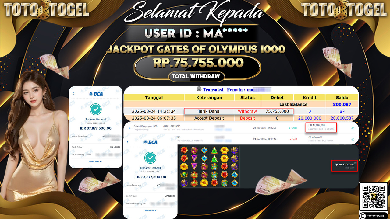 Bukti Pembayaran Jackpot  Permainan Slot Gates Of Olympus 1000 ID:MA**** LUNAS