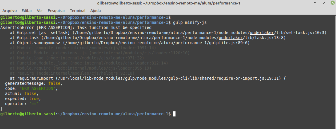 mensagem do `gulp` no terminal 