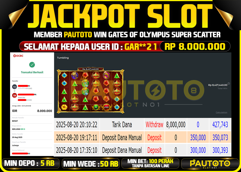 BUKTI PEMBAYARAN TGL 20 AGUSTUS 2025 MENANG DI PERMAINAN OLYMPUS SUPER SCATTER 1000 TOTAL WD 8 JUTA