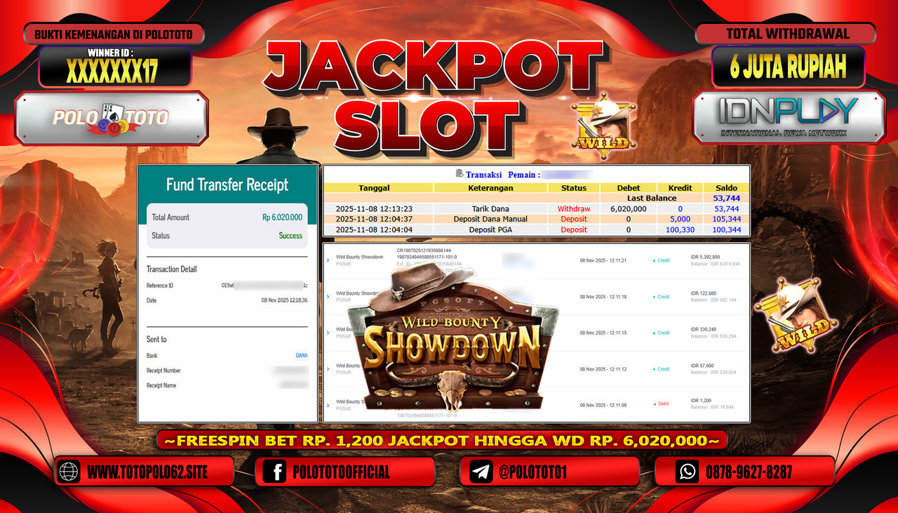 POLOTOTO JACKPOT SLOT WILD BOUNTY SHOWDOWN Rp.6.000.000,- LUNAS