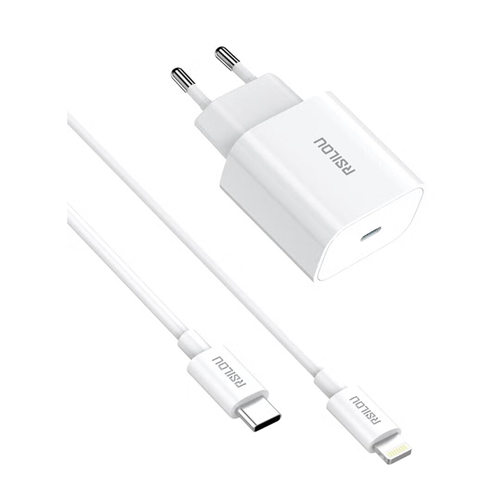 مجموعة شاحن Rsilou سريع - شاحن GaN 20W + كابل Lightning 30W - أبيض - متوافق مع أبل