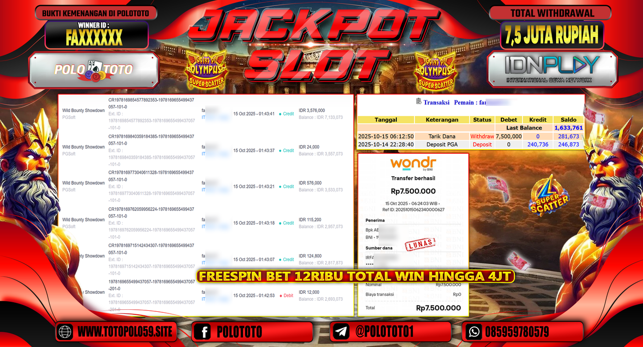 POLOTOTO JACKPOT SLOT GATES OF OLYMPUS SUPER SCATTER Rp.7.500.000,- LUNAS