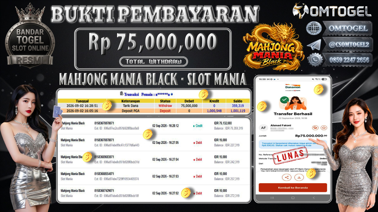 OMTOGEL JACKPOT SLOT MANIA MAHJONG MANIA BLACK Rp.75,000,000,- DIBAYAR LUNAS 