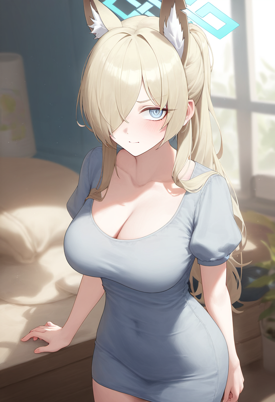 depth of field, 1girl, kanna (blue archive), collarbone cleavage, short sleeves, s-1227650931