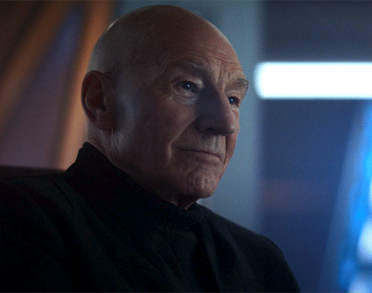 A gif of Picard, played by Patrick Stewart, now much older