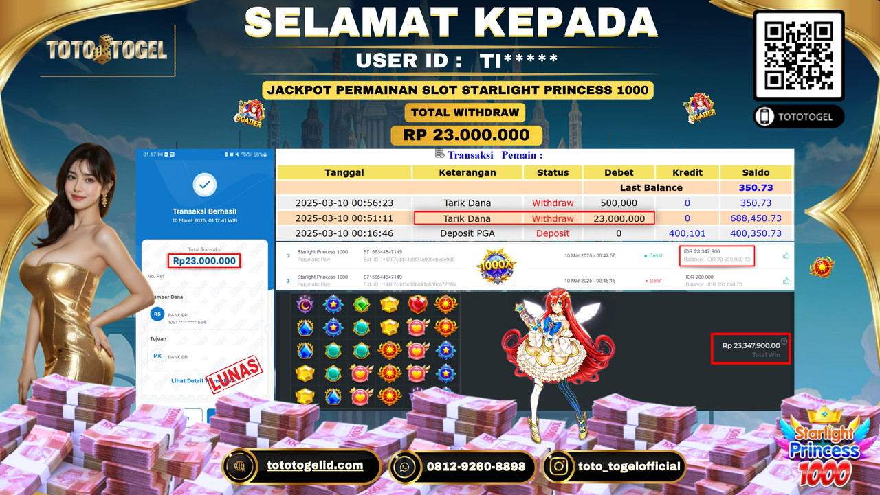 Bukti Pembayaran Jackpot  Permainan Slot Starlight Princess 1000 ID:TI***** LUNAS