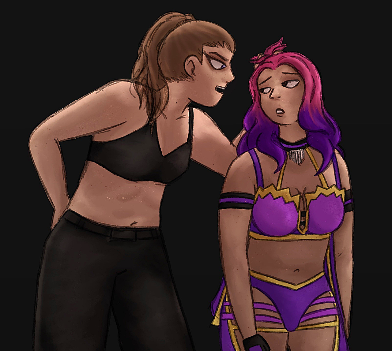 a drawing of marina shafir smiling and holding a dazed mina shirakawa by her hair. the pose is referenced from when cody rhodes told kota ibushi 'kenny doesn't love you like i love you'