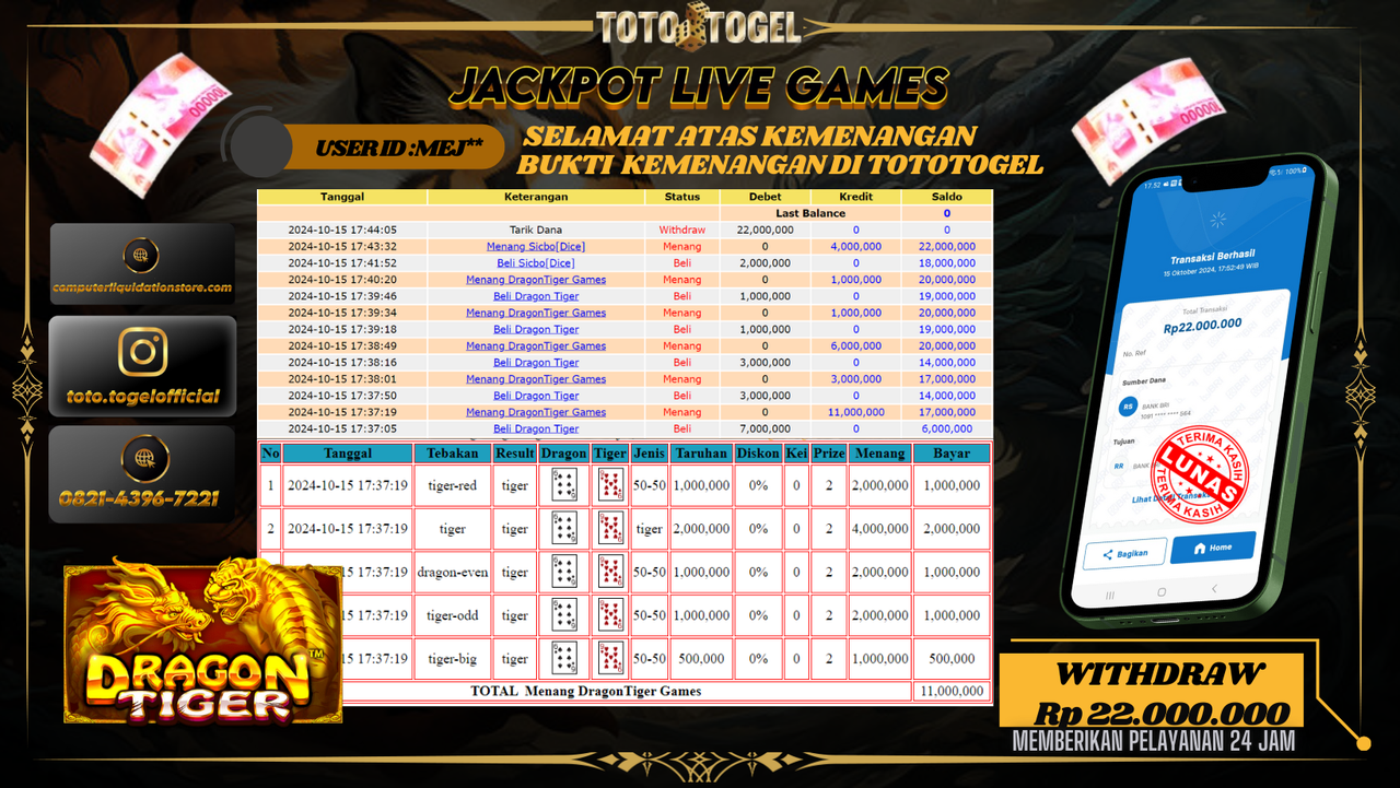 Bukti Kemenangan Permainan  Live Games Dragon Tiger ID : MEJ*** Terbayar Lunas!!