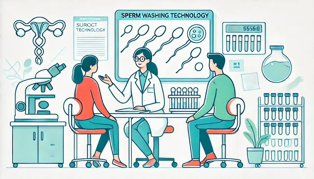A lab technician explaining sperm washing technology to intended parents during a surrogacy consultation