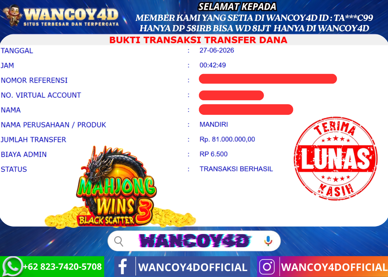 WANCOY4D MAHJONG WINS 3 BLACK SCATTER PRAGMATIC RP.81.000.000 -LUNAS