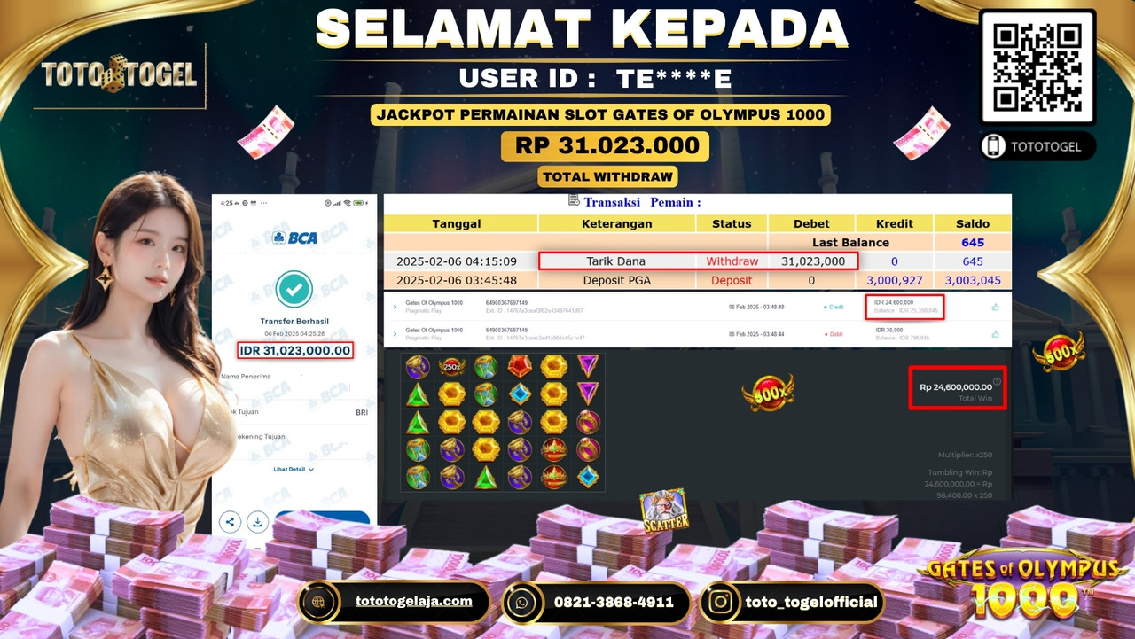Bukti Pembayaran Jackpot  Permainan Slot Gates Of Olympus 1000  ID:TE***E  LUNAS