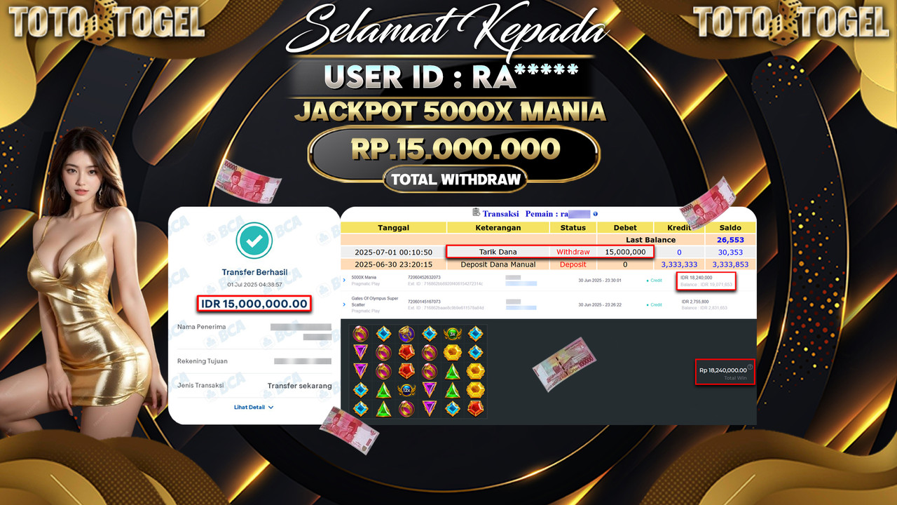 Bukti Pembayaran Jackpot Permainan Slot 5000X Mania ID:RA***** LUNAS