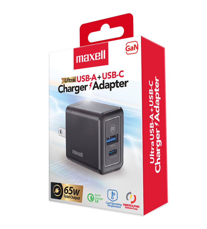 Cargador de pared Maxell Ultra de 65W mostrando sus puertos USB-C y USB-A.