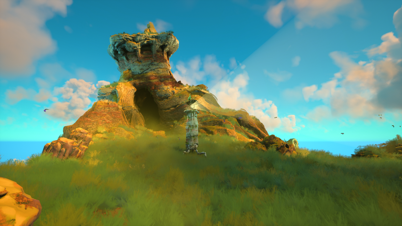 The Keeper and Twig walking through a grassy meadow.