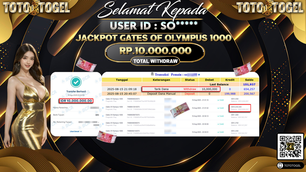 Bukti Pembayaran Jackpot Permainan Slot Gates Of Olympus 1000 ID:SO***** LUNAS