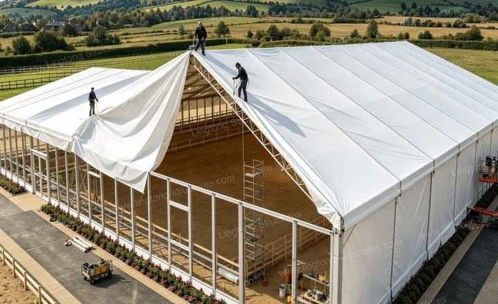 Equestrian tent exterior view showing the completed facility in its natural setting