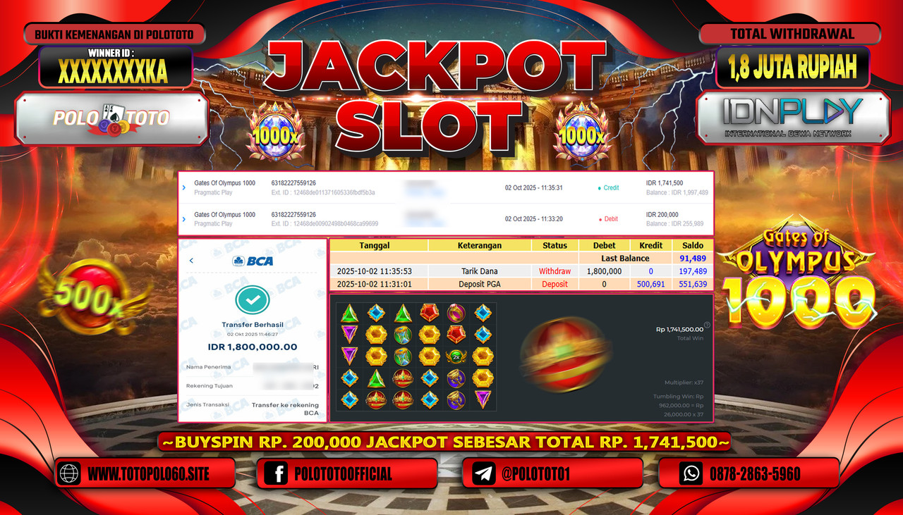 POLOTOTO JACKPOT SLOT GATES OF OLYMPUS 1000 Rp.1.800.000,- LUNAS