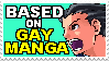 Stamp featuring Phoenix Wright with the words 'BASED on GAY MANGA' next to him in bold yellow letters.