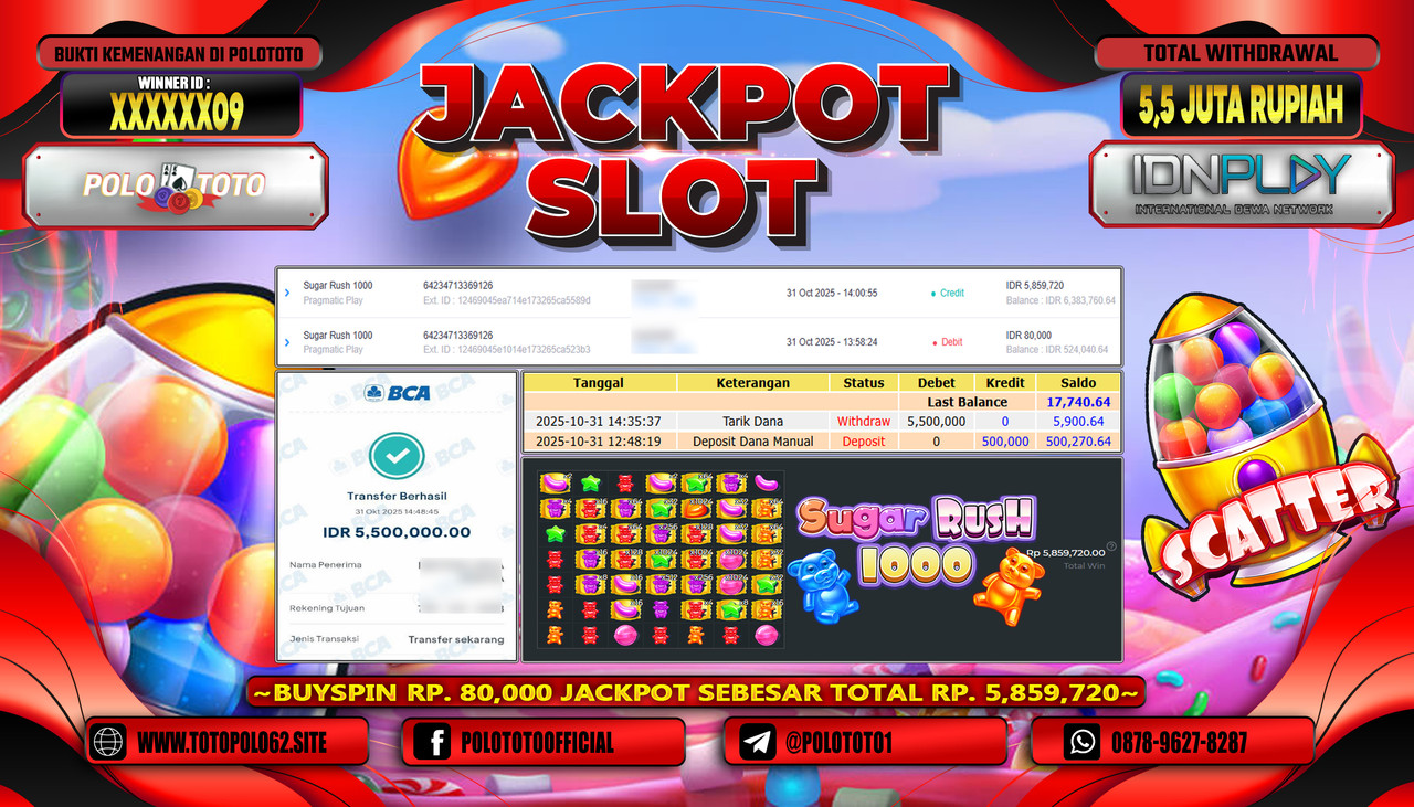 POLOTOTO JACKPOT SLOT SUGAR RUSH 1000 Rp.5.500.000,- LUNAS