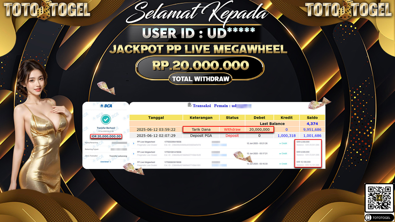 Bukti Pembayaran Jackpot Permainan Live Game PP Live Megawheel ID:UD***** LUNAS
