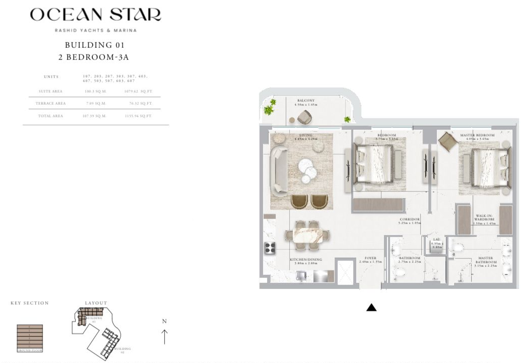 Ocean Star 2-BR apartment keyplan layout at Rashid Yachts & Marina showing unit positioning and building configuration — Distress Deal investment opportunity
