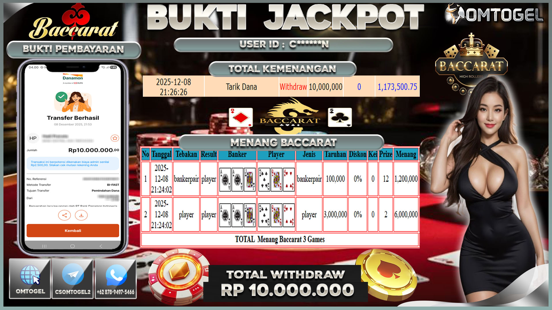 OMTOGEL JACKPOT LIVE GAMES BACCARAT,10 JUTA DI BAYAR LUNAS ,-
