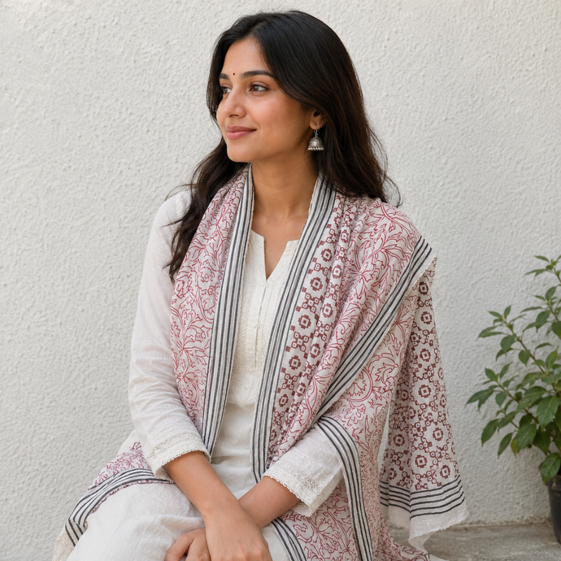Red & Brown Harmony Hand Block Printed Cotton Stole