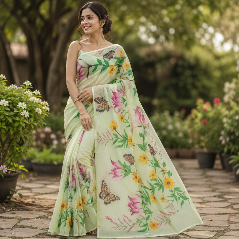 Hand-Painted Chiffon Saree with Mukesh Work | Graceful Sheer Drape with Subtle Sparkle
