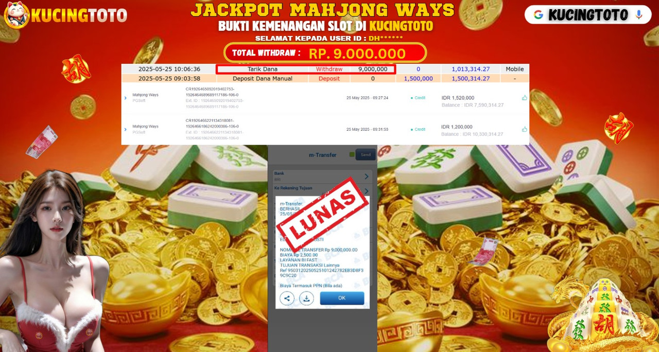 KUCINGTOTO JACKPOT SLOT MAHJONG WAYS  RP.9.000.000.,- LUNAS