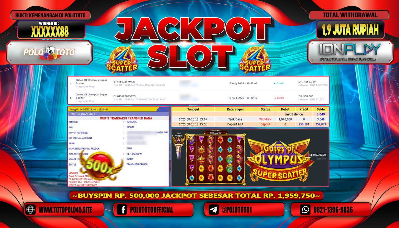 POLOTOTO JACKPOT SLOT GATES OF OLYMPUS SUPER SCATTER Rp.1.900.000,- LUNAS