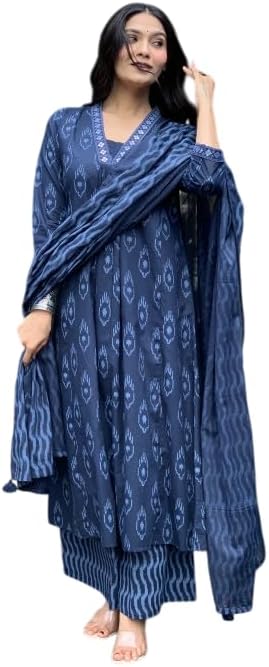 Rangnavi Women's Cotton Anarkali Printed Kurta Set with Palazzo & Dupatta