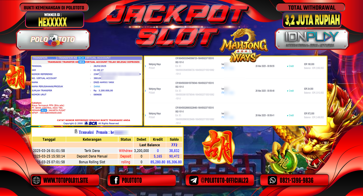 POLOTOTO JACKPOT SLOT MAHJONG WAYS Rp.3.200.000,- LUNAS