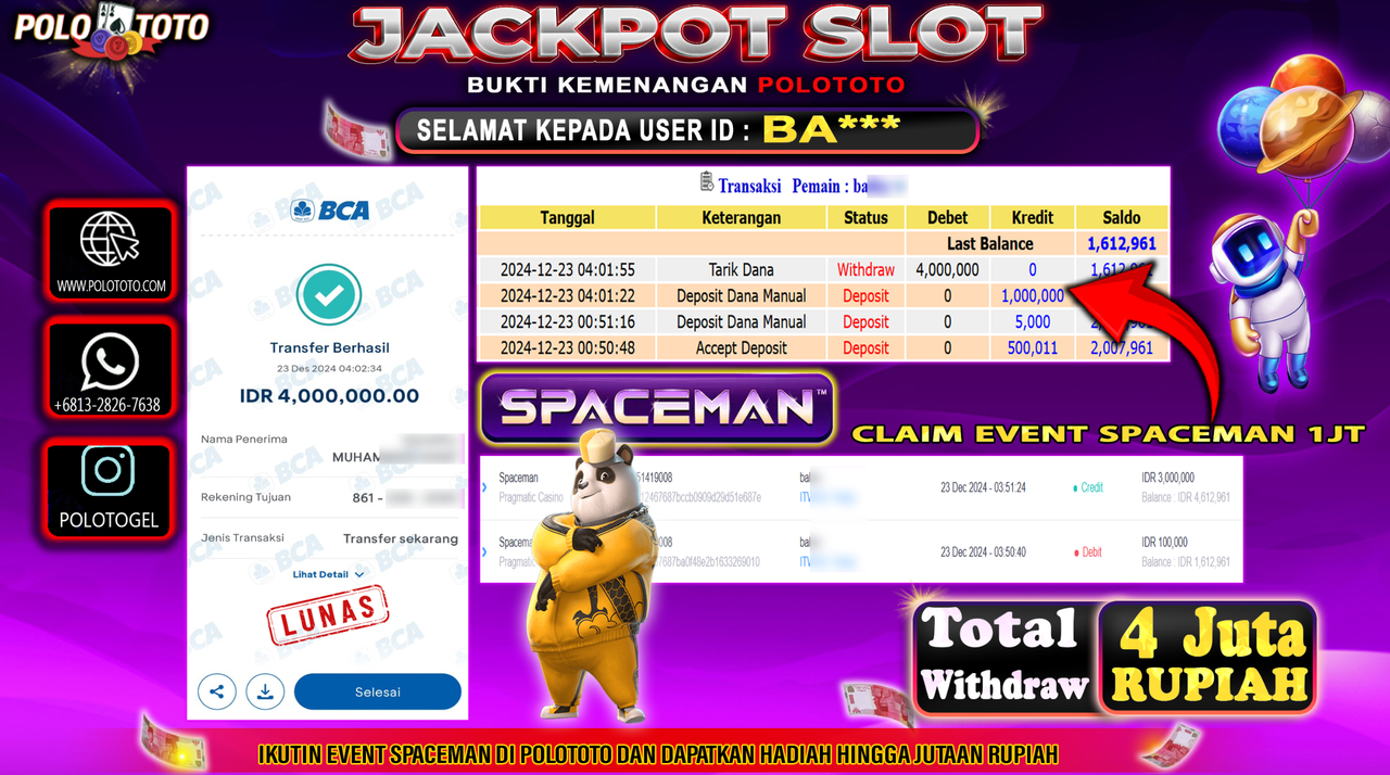 POLOTOTO JACKPOT SLOT SPACEMAN Rp.4,000.000,-