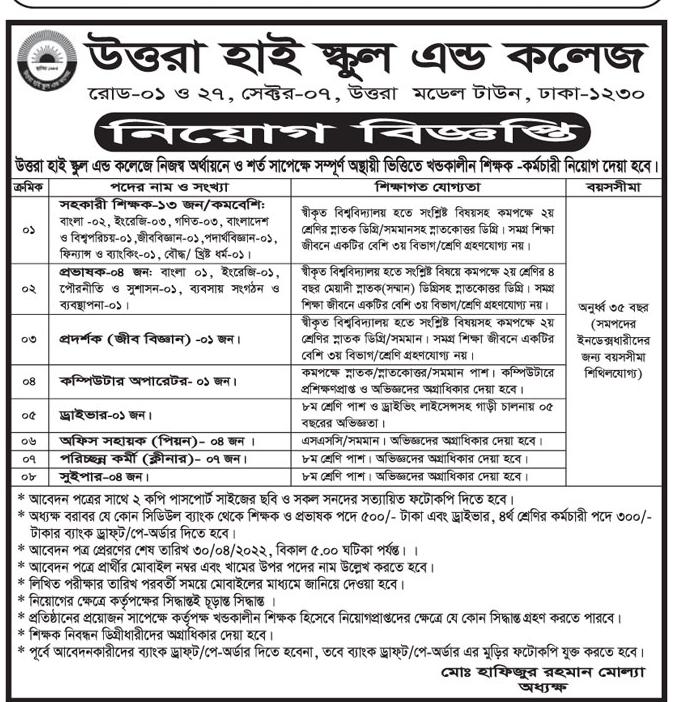 Uttara High School and College Job Circular 2022