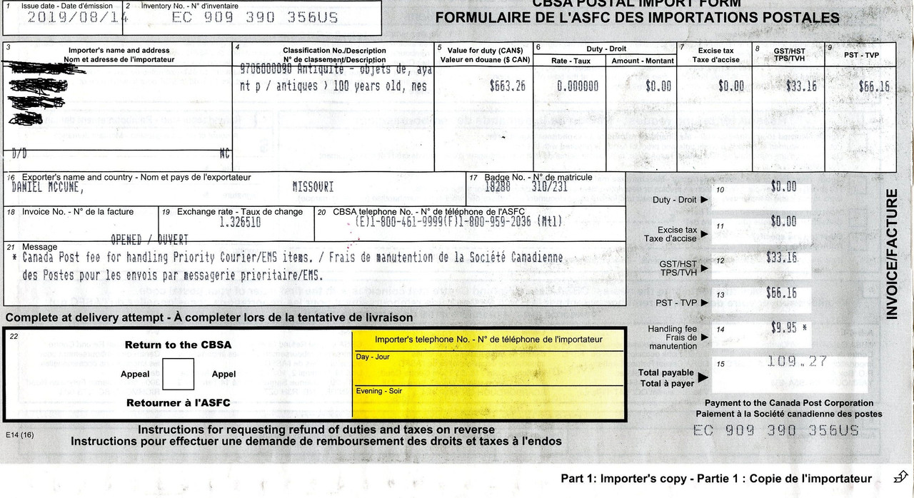 Taxes for the Whitney $109.27 August 16 2019