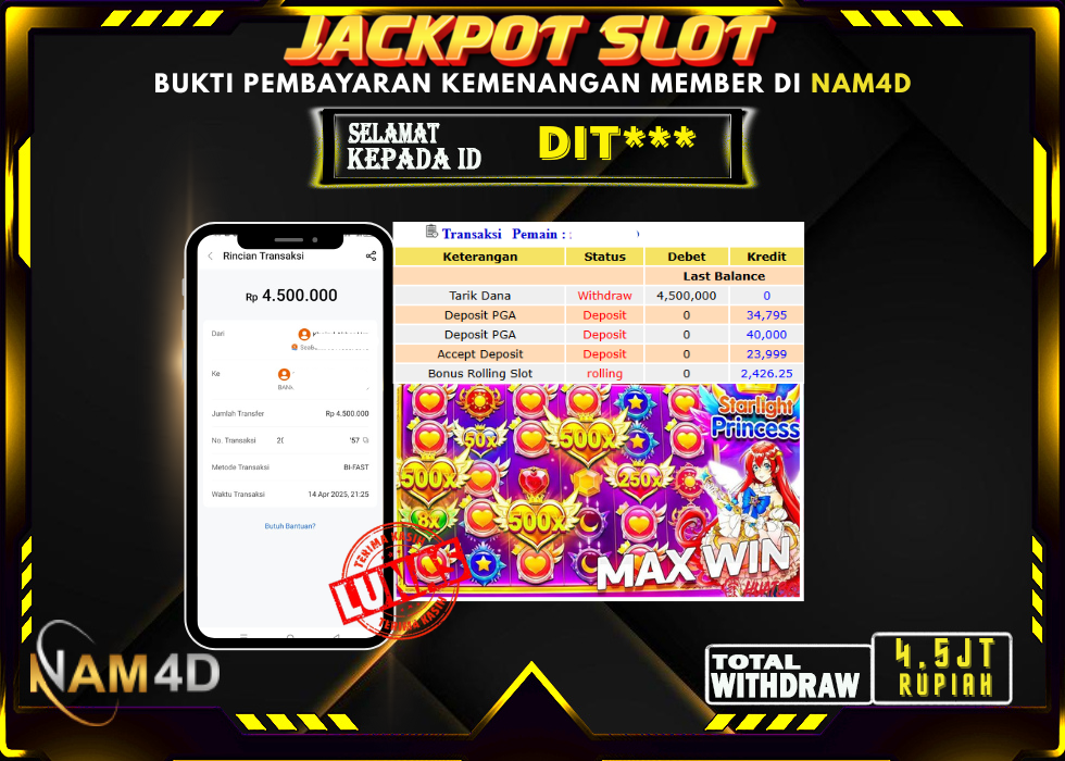 NAM4D JACKPOT SLOT GAME STARLIGHT PRINCESS Rp 4.500.000,- LUNAS