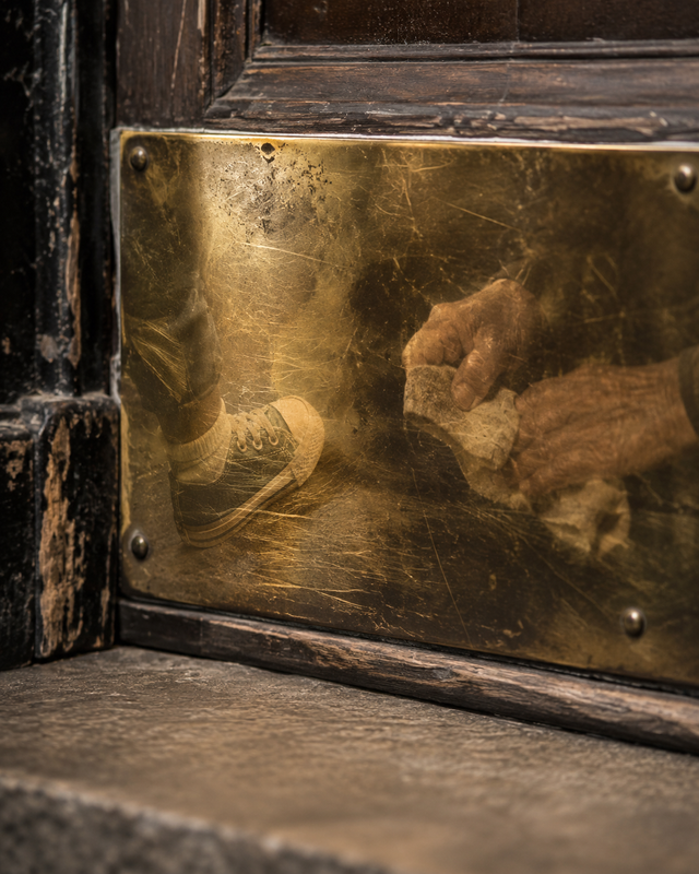 Celeste noticing the brass kick plate at the entrance of a former New Orleans grocery now changed into a wine bar