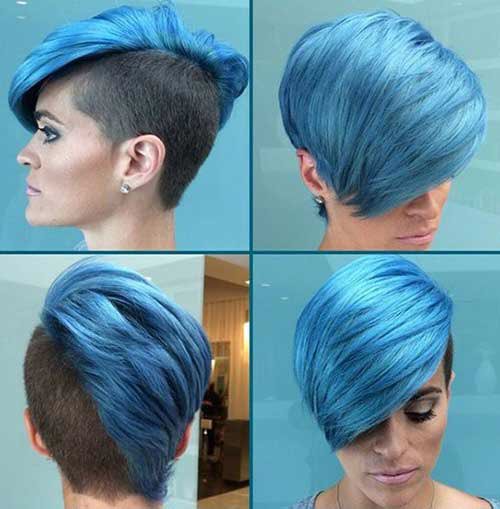 Blue hair with one side of the head shaved and the other in a page style with long bangs