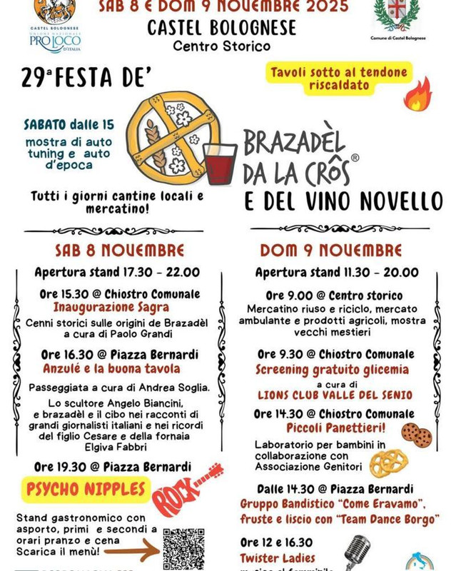 Sabato 8 e domenica 9 novembre Castel Bolognese (Ra) celebra il Brazadèl da la Crôs e il vino novello Sabato 8 e domenica 9 novembre Castel Bolognese (Ra) celebra il Brazadèl da la Crôs e il vino novello